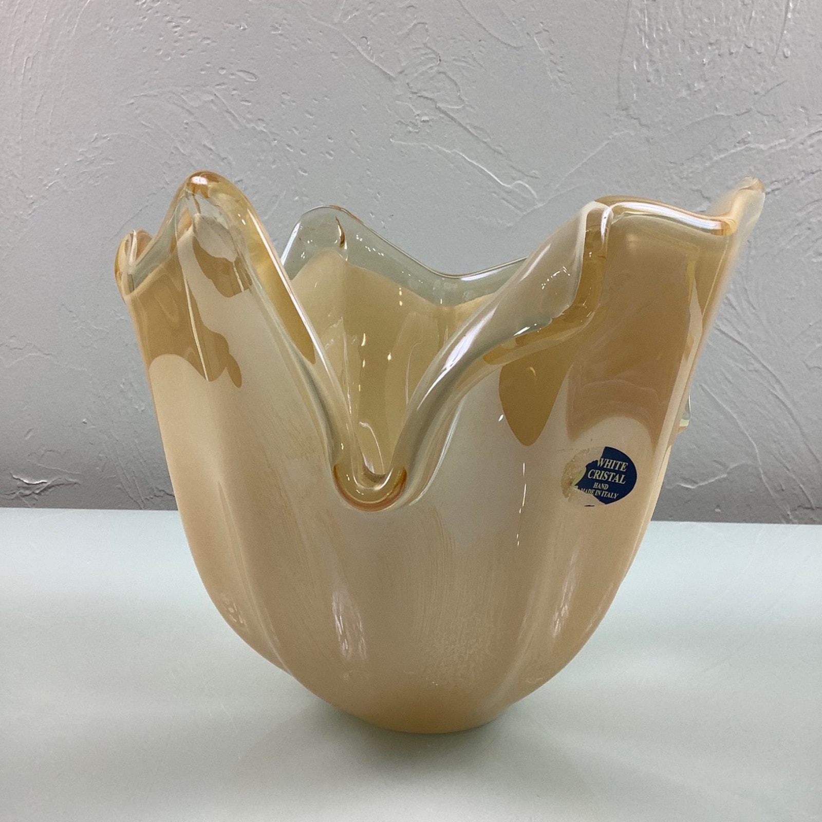 Murano White Crystal Large 6 point Champagne pearled Handblown bowl Italian EUC