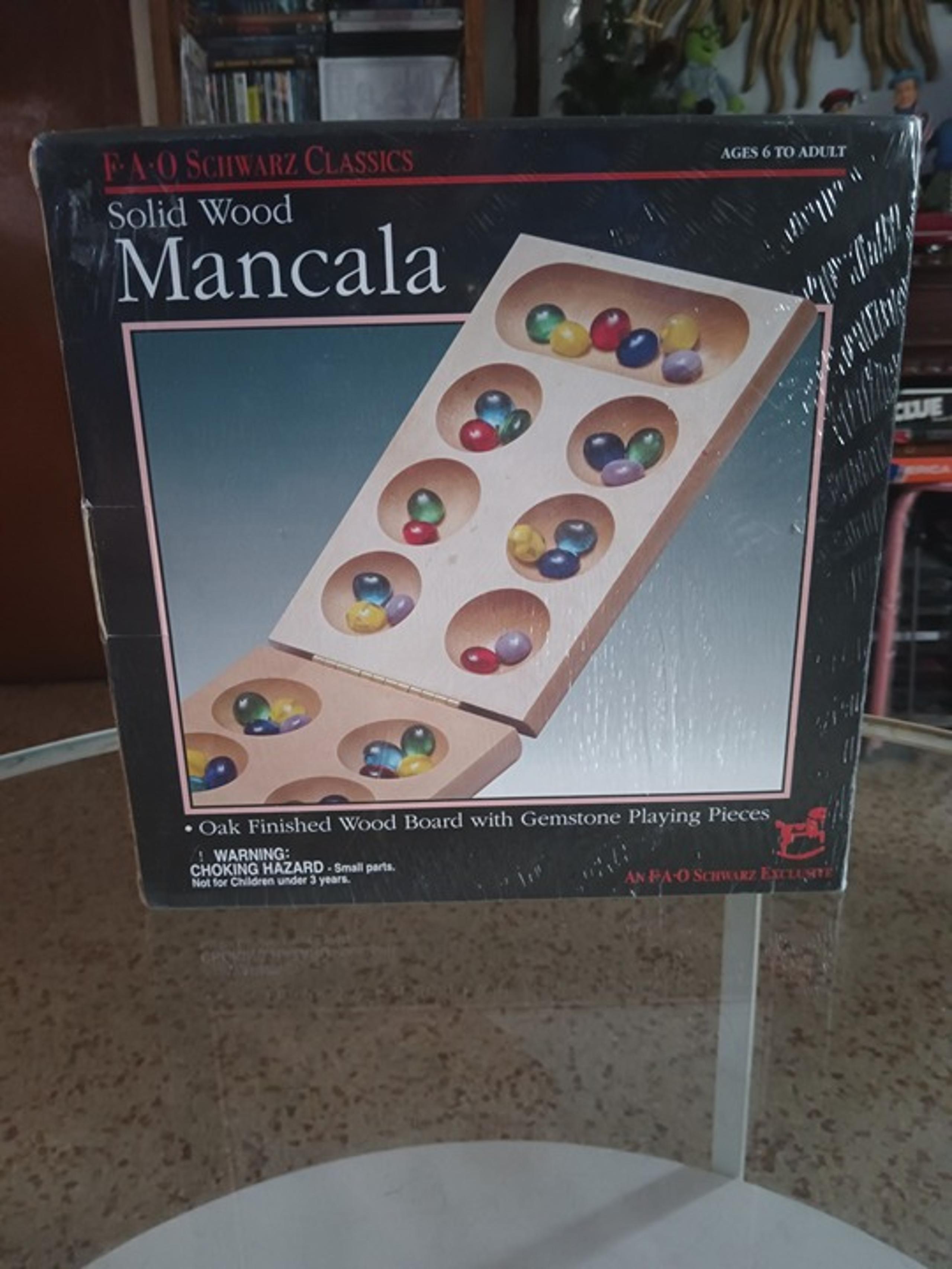 FAO Schwarz Oak Finished Wooden Mancala Board Game w/ Gemstone Playing Pieces