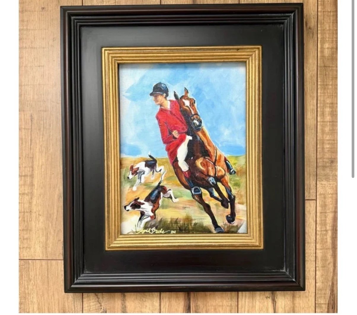 Original painting EQUESTRIAN horse FOX hound fine art fox hunt 9 x 12 canvas