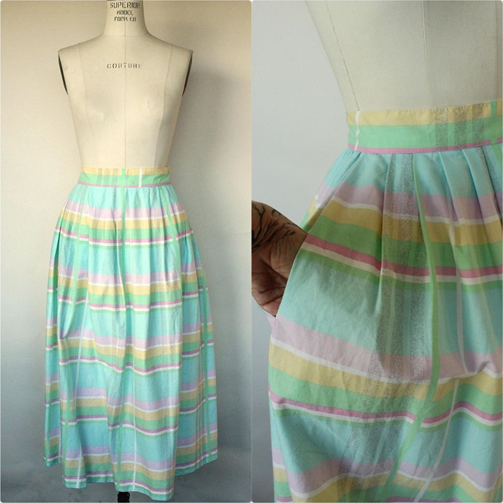 Vintage 1980s Skirt With Pockets, Pastel Windowpane Check A Line