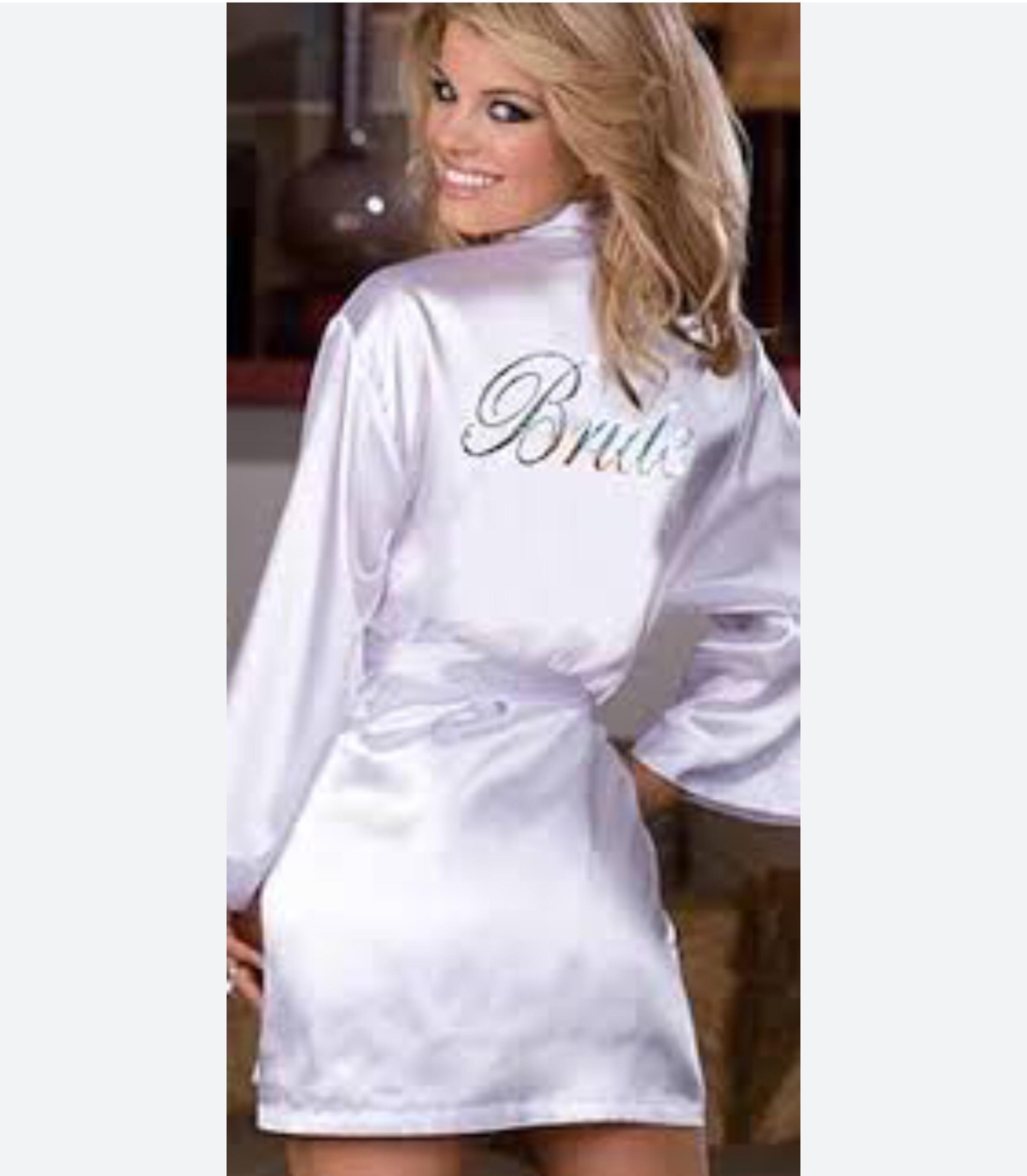 DAVIDS BRIDAL White Satin Robe Women's S/M Embroidered "Bride" in Gray Print