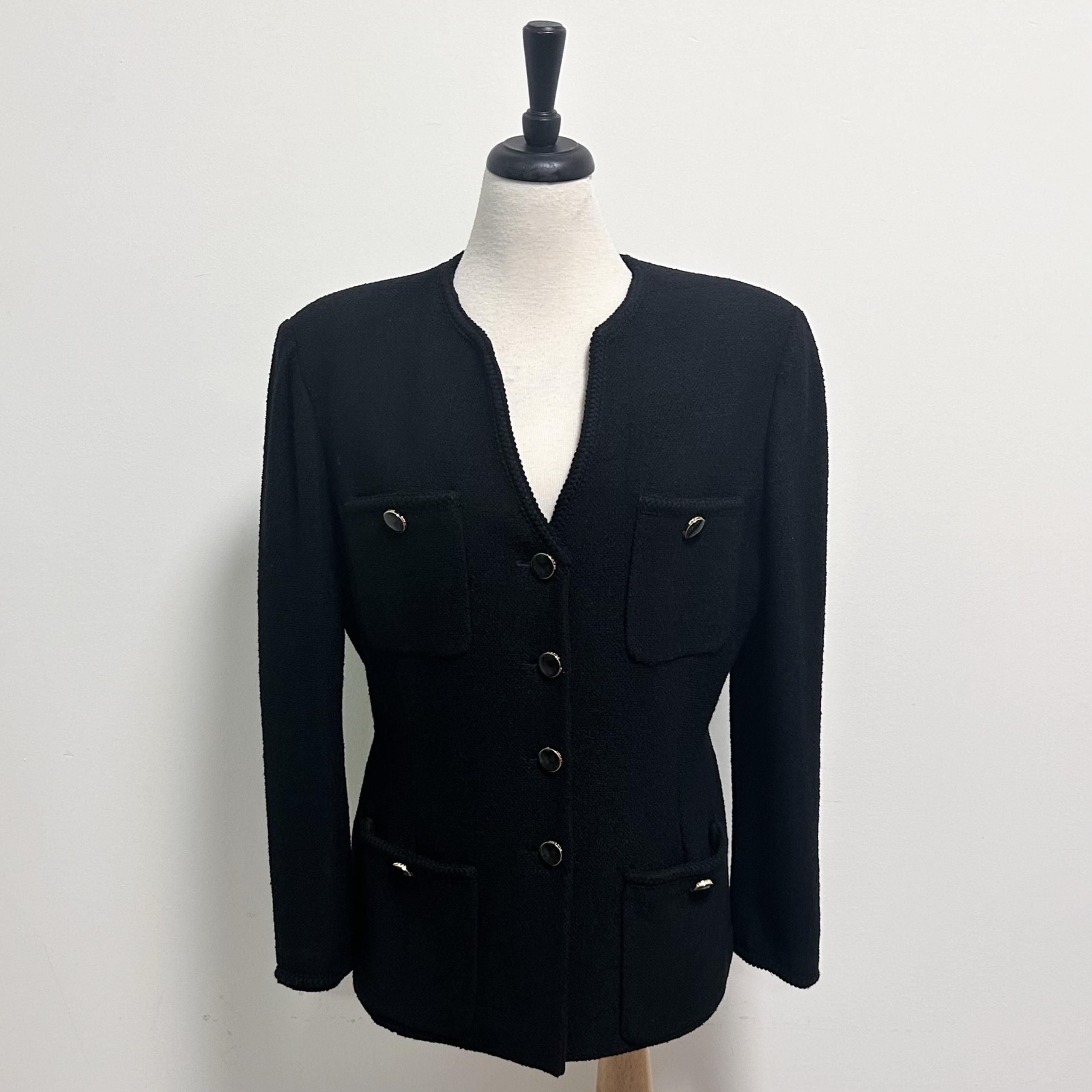 St John Collection Marie Gray Black Knit V Neck Gold Logo Button Up Blazer 14 - St. John