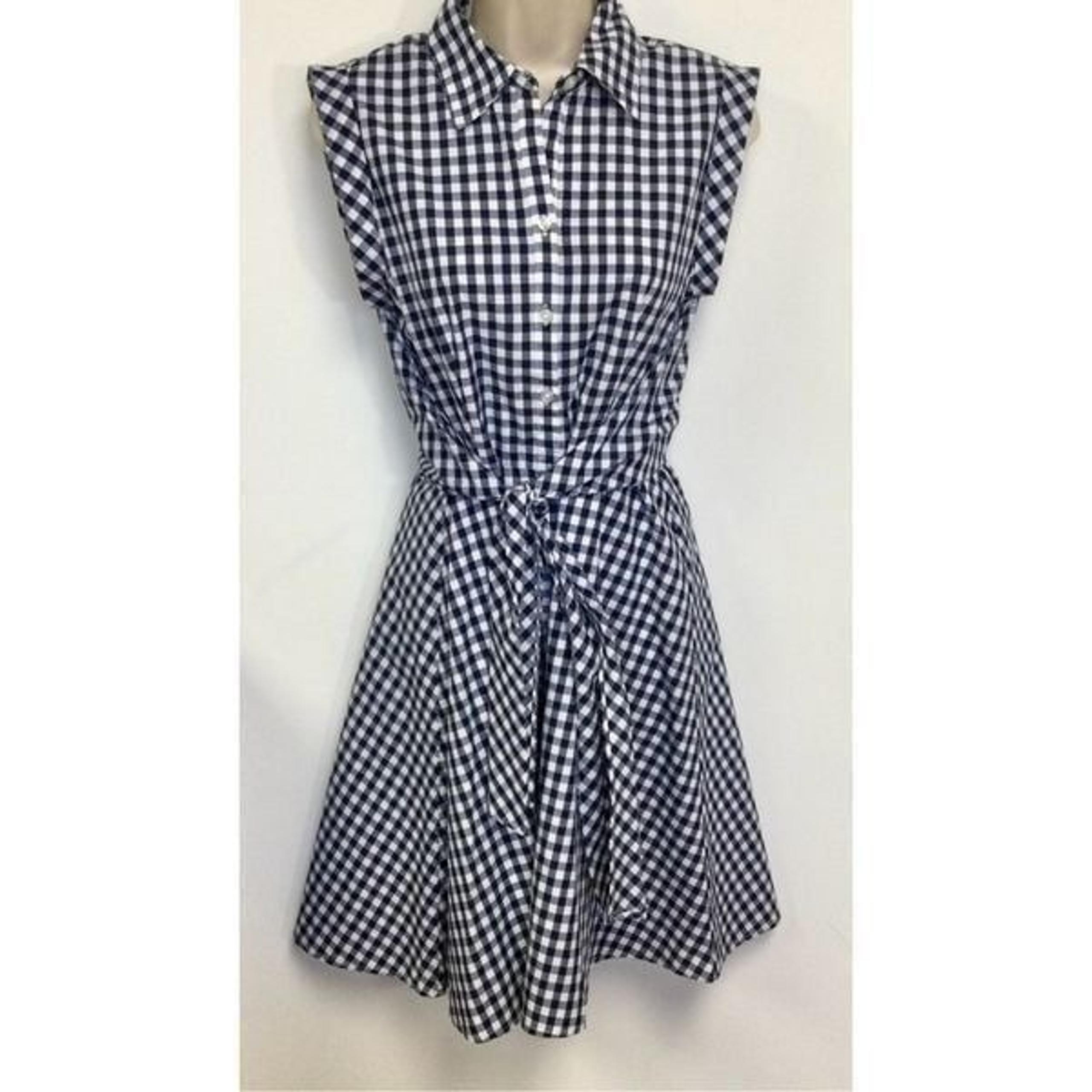 NWT Cupio Womens Navy White Gingham Check Tie Waist Sleeveless Midi Dress Small