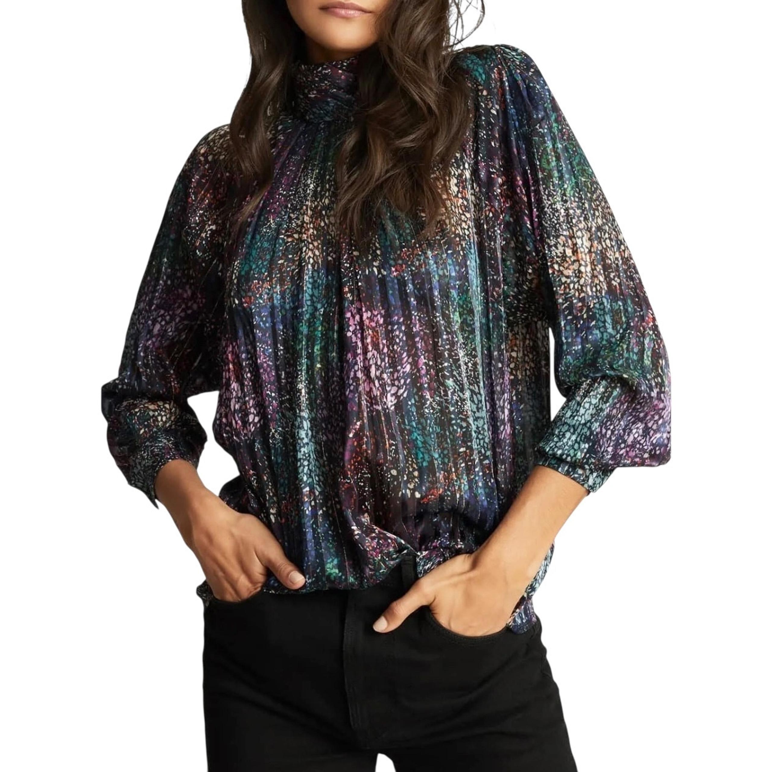 Reiss Darcey High Neck Pleated Metallic Long Sleeve Evening Blouse Size 4