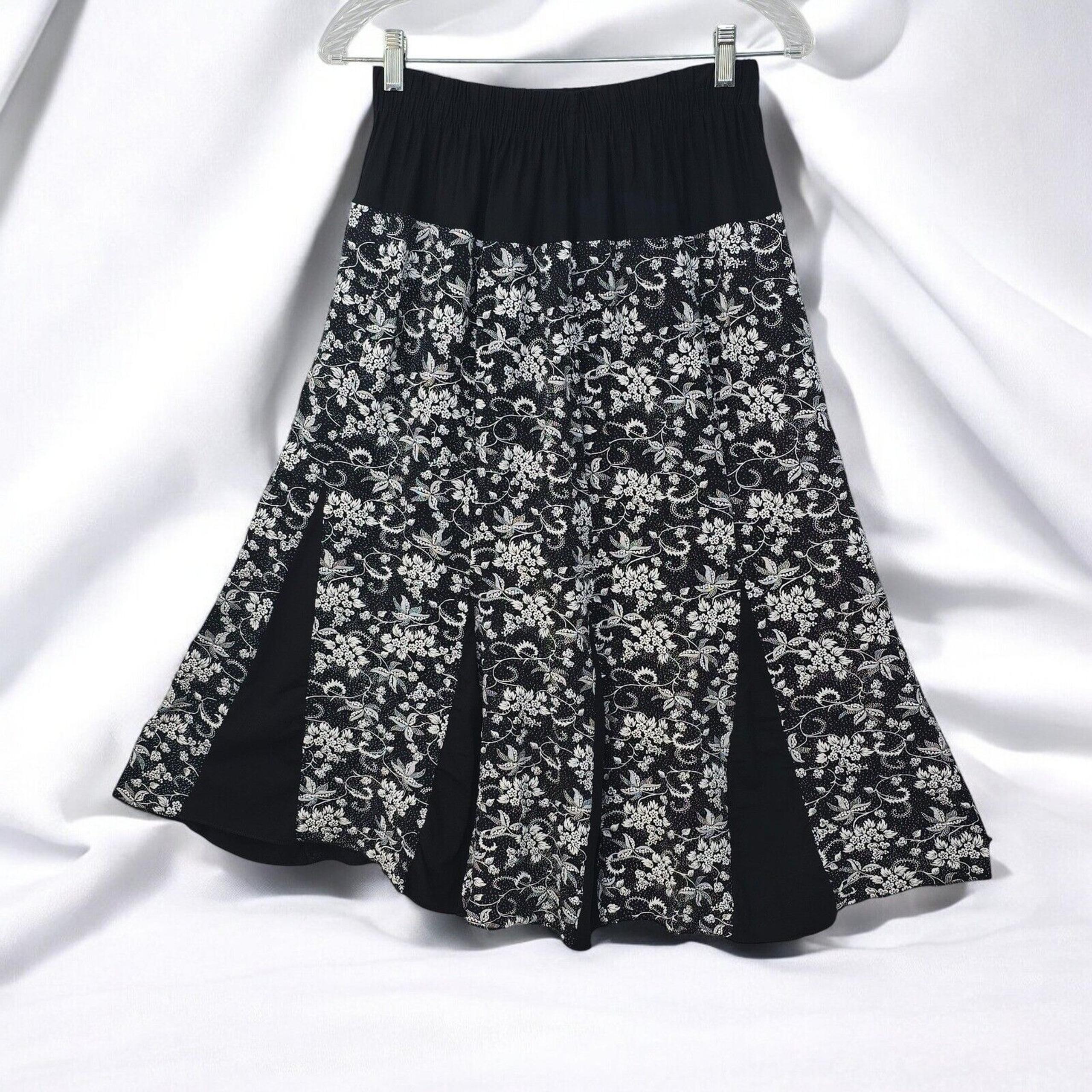 Floral Print Skirt Black White A-Line Paneled Midi Elastic Waist Size 26" x 30"L