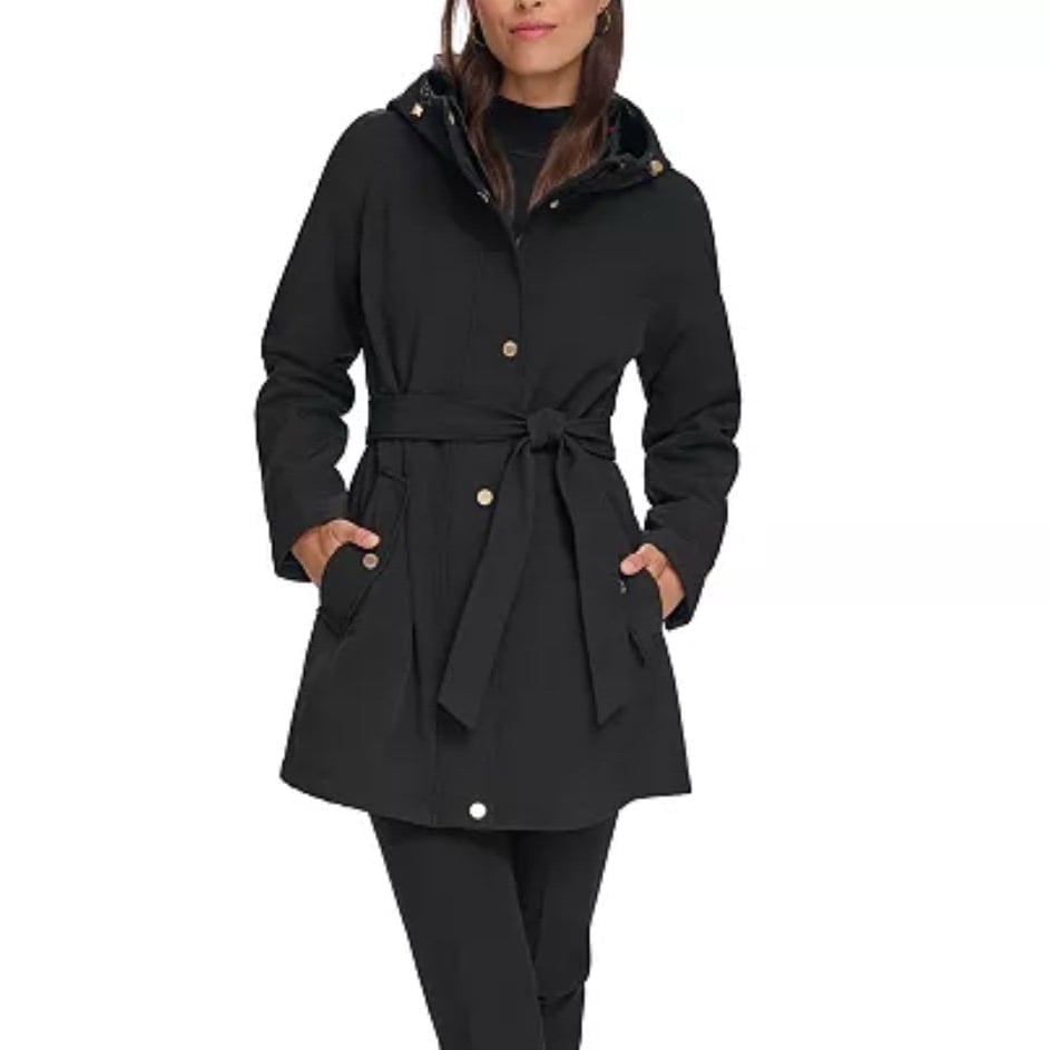 NWT - Tommy Hilfiger Hooded Belted Fleece Lined Black Coat - Size PL MSRP 230