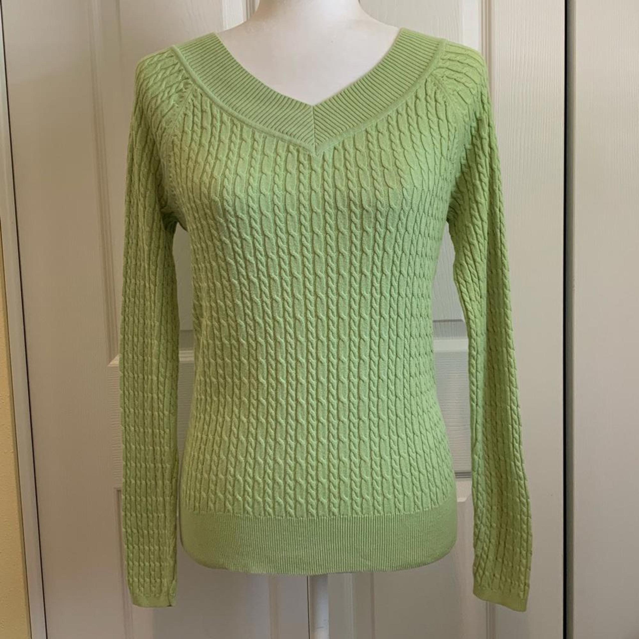 Talbots Lime V-neck Cable-Knit Sweater, Small