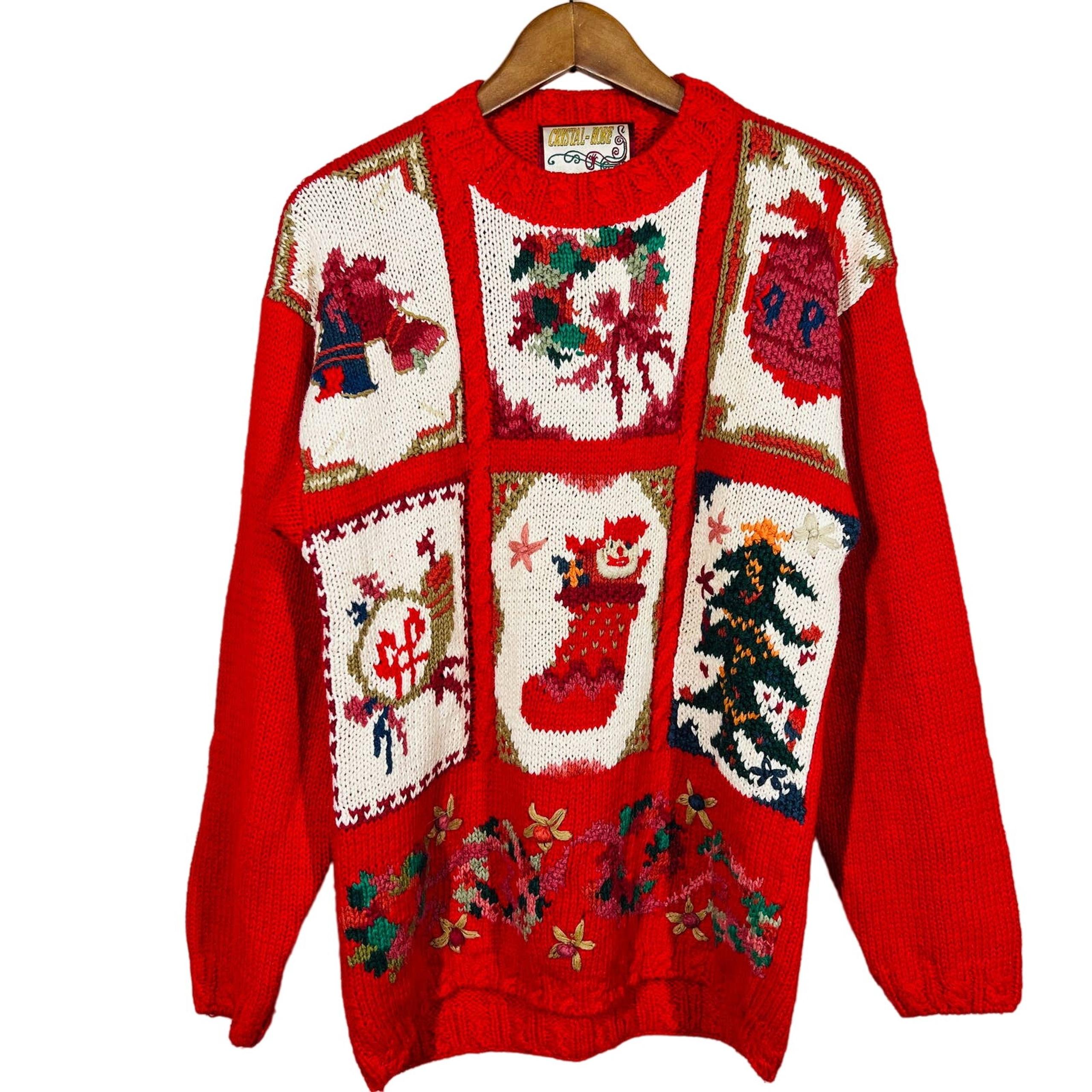 Vintage Christmas Sweater Crystal Kobe Crewneck Red Knit Holiday - S