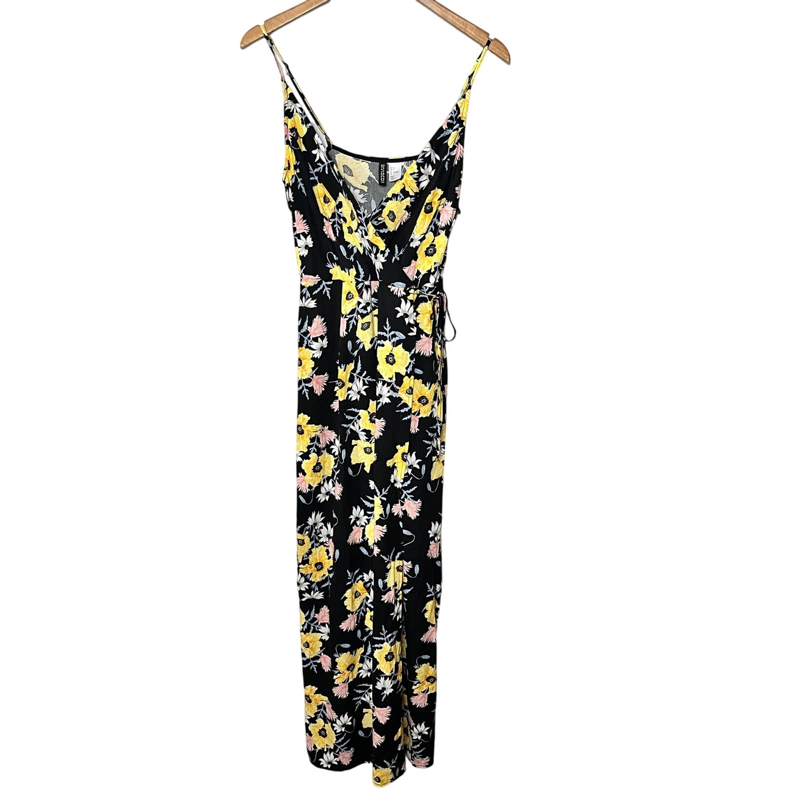 Divided H&M Y2K Maxi Dress Wrap Black Multi Floral Viscose Summer Sun Vacation 8
