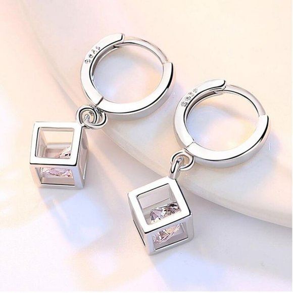 NEW 925 Silver Diamond Cube Huggie Hoops