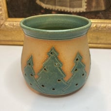 Studio Pottery Candle Votive Holder Christmas Tree Cutouts Brown Handmade Signed