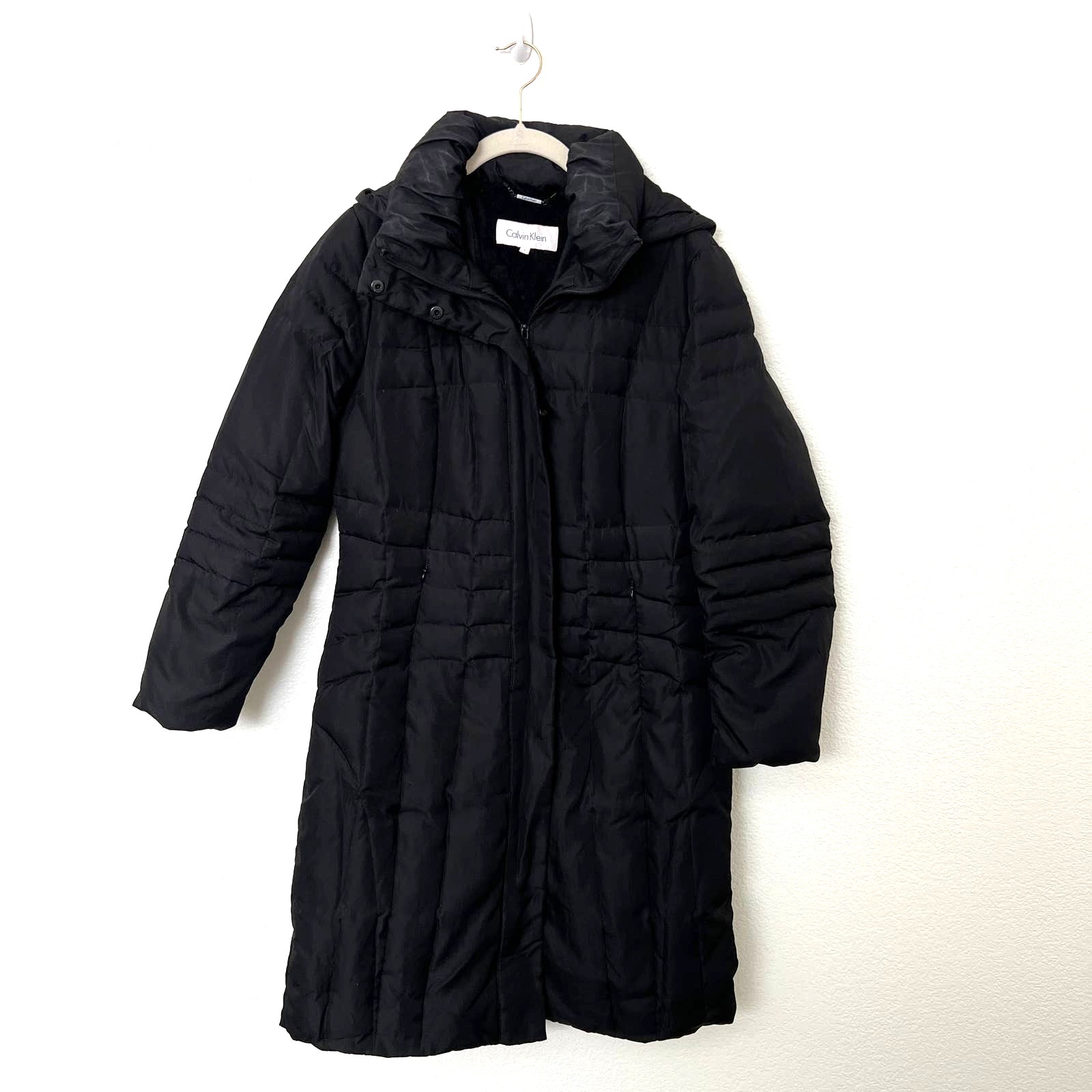 Calvin Klein Sz Small S Black Goose Duck Down Filled Hooded Quilted Puffer Coat