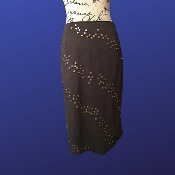 ICE Microsuede Pencil Skirt, BROWN with GOLD DISK STUDS, Women’s Size 14