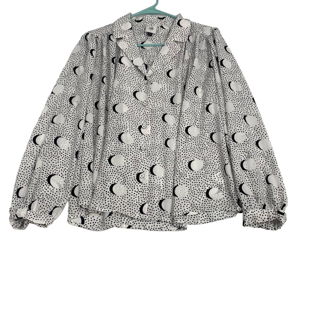Cabi Eclipse Blouse size S style4340 Moon figures white/Black With Front Buttons