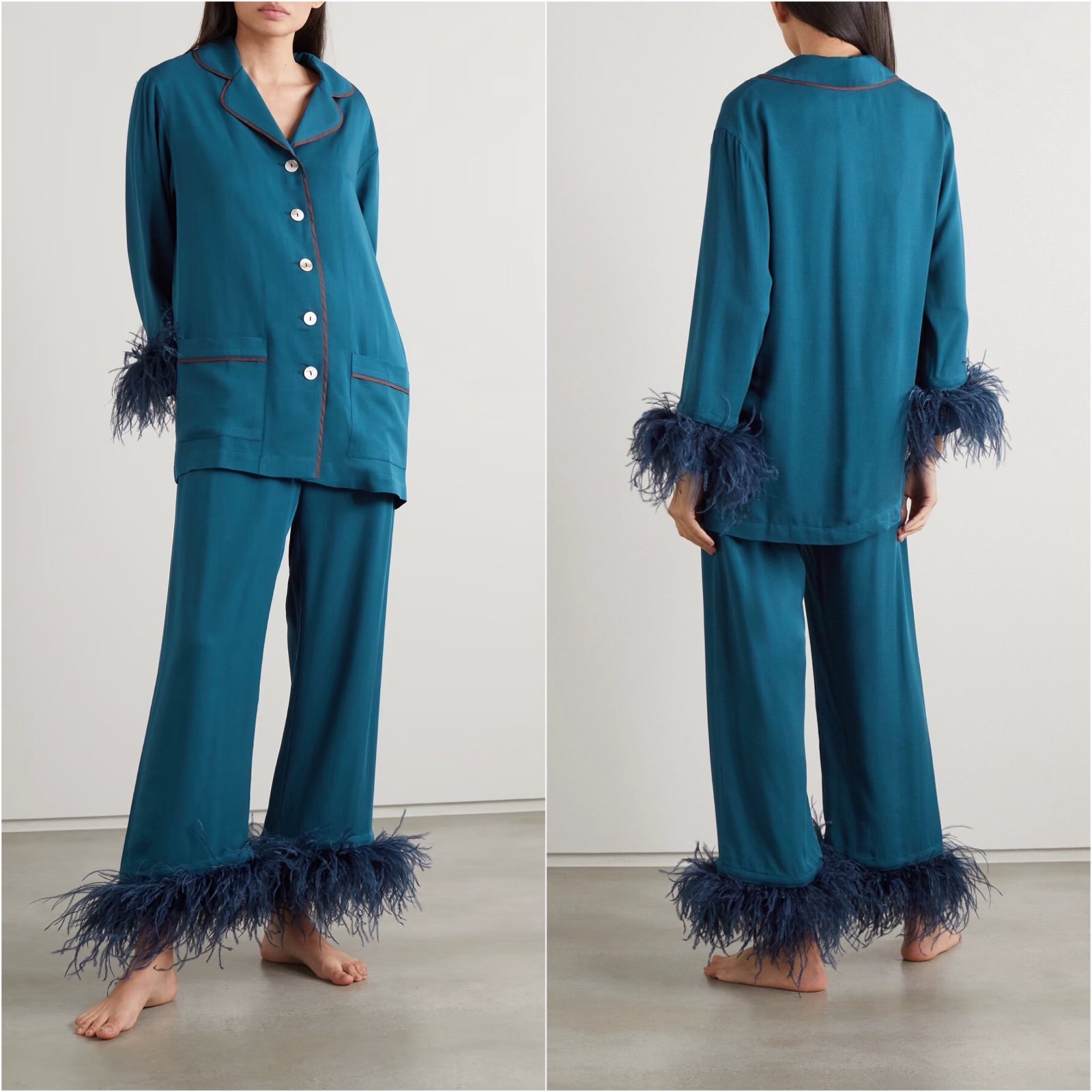 Sleeper Feather-trimmed Crepe Pajama Set in Blue/Teal