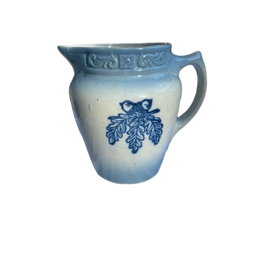 Blue & White Stoneware Stenciled ACORN Pitcher - Brush McCoy Pottery Ohio OH