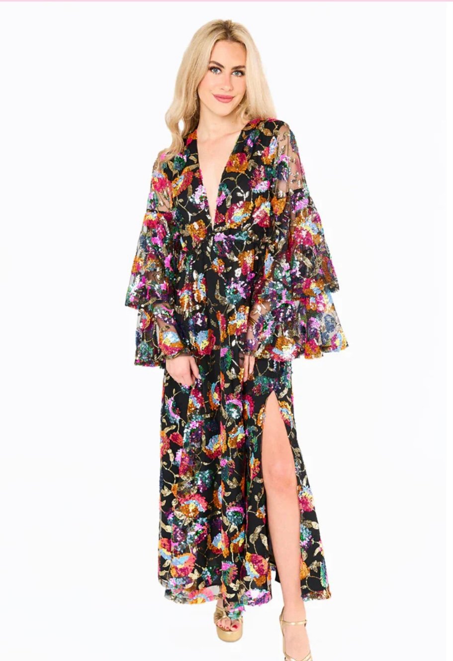 Buddy Love Colette ~ Medium ~ Multi-Colors Floral Sequins Maxi Dress ~ New