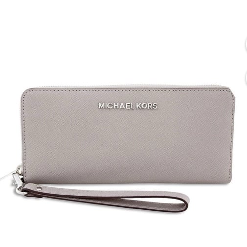 NWT-Michael Kors Jet Set Saffiano Pearl Grey Zip Wallet/ Wristlet