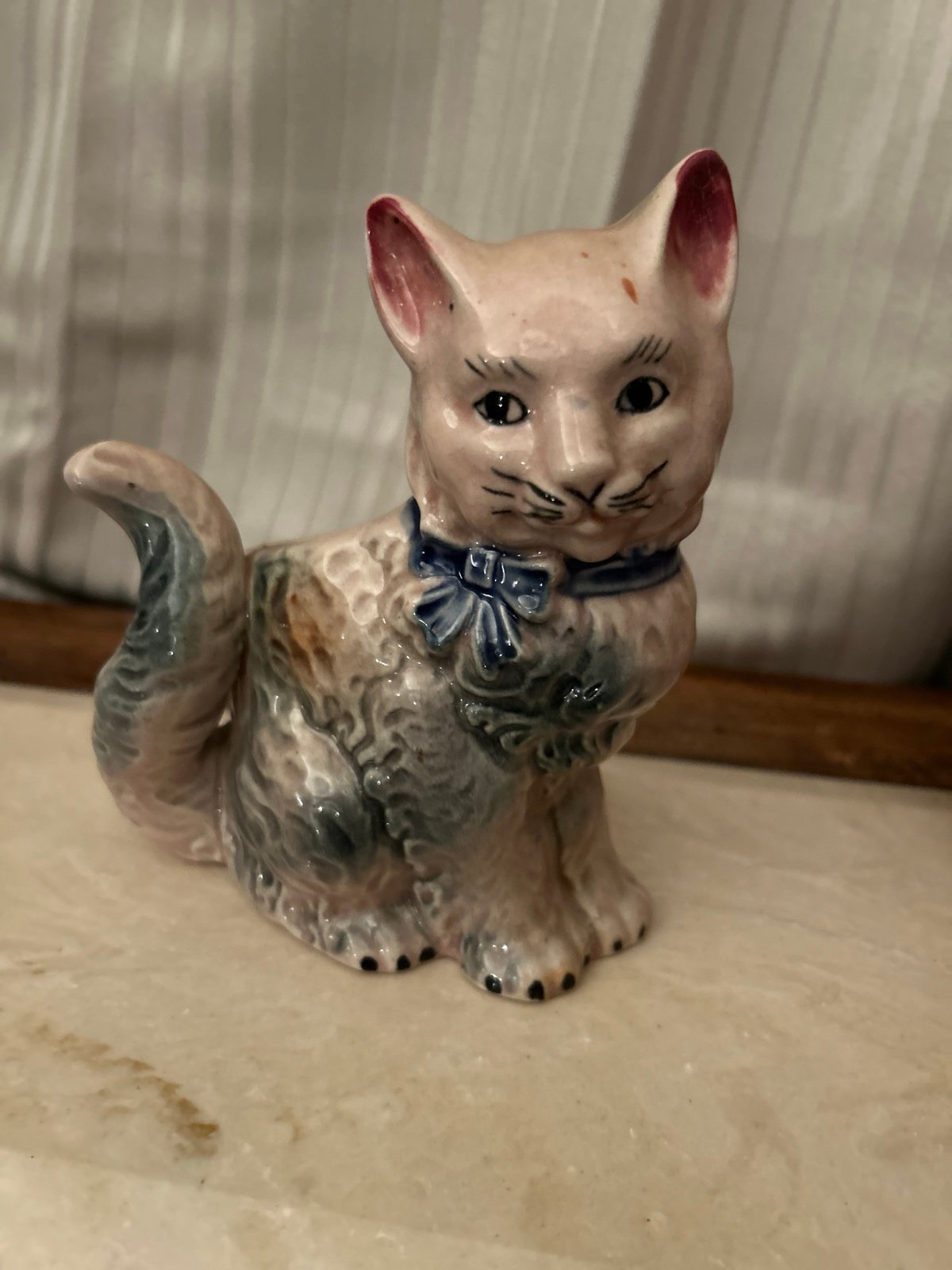 Vintage RARE Occupied Japan pink grey cat wearing bow planter holder 6 tall