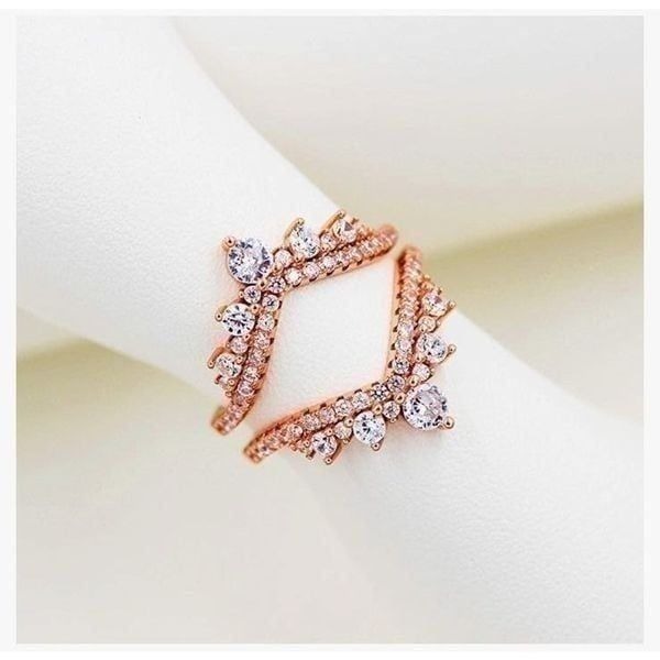 925 Sterling Silver Rose Gold CZ 2pcs V-Shape Stack Rings Set