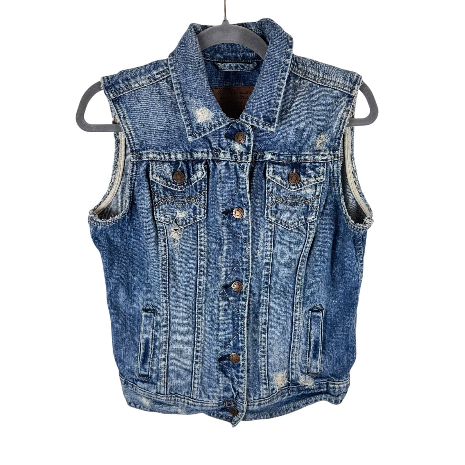 Abercrombie & Fitch Distressed Medium Wash Button Up Collared Jean Vest Size M