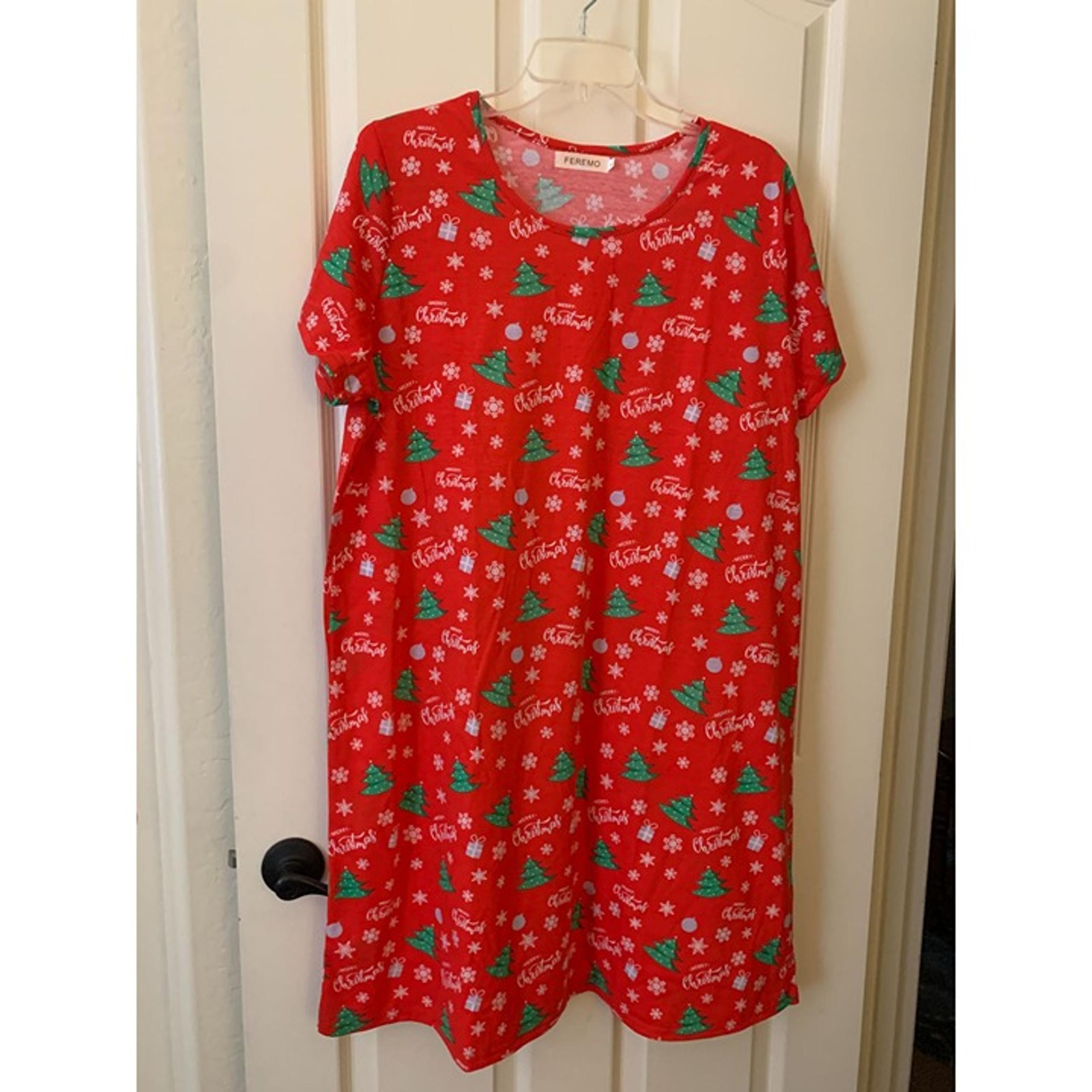 Christmas-Themed Red Nightgown With Holiday Print Featuring Trees & Snowflakes -