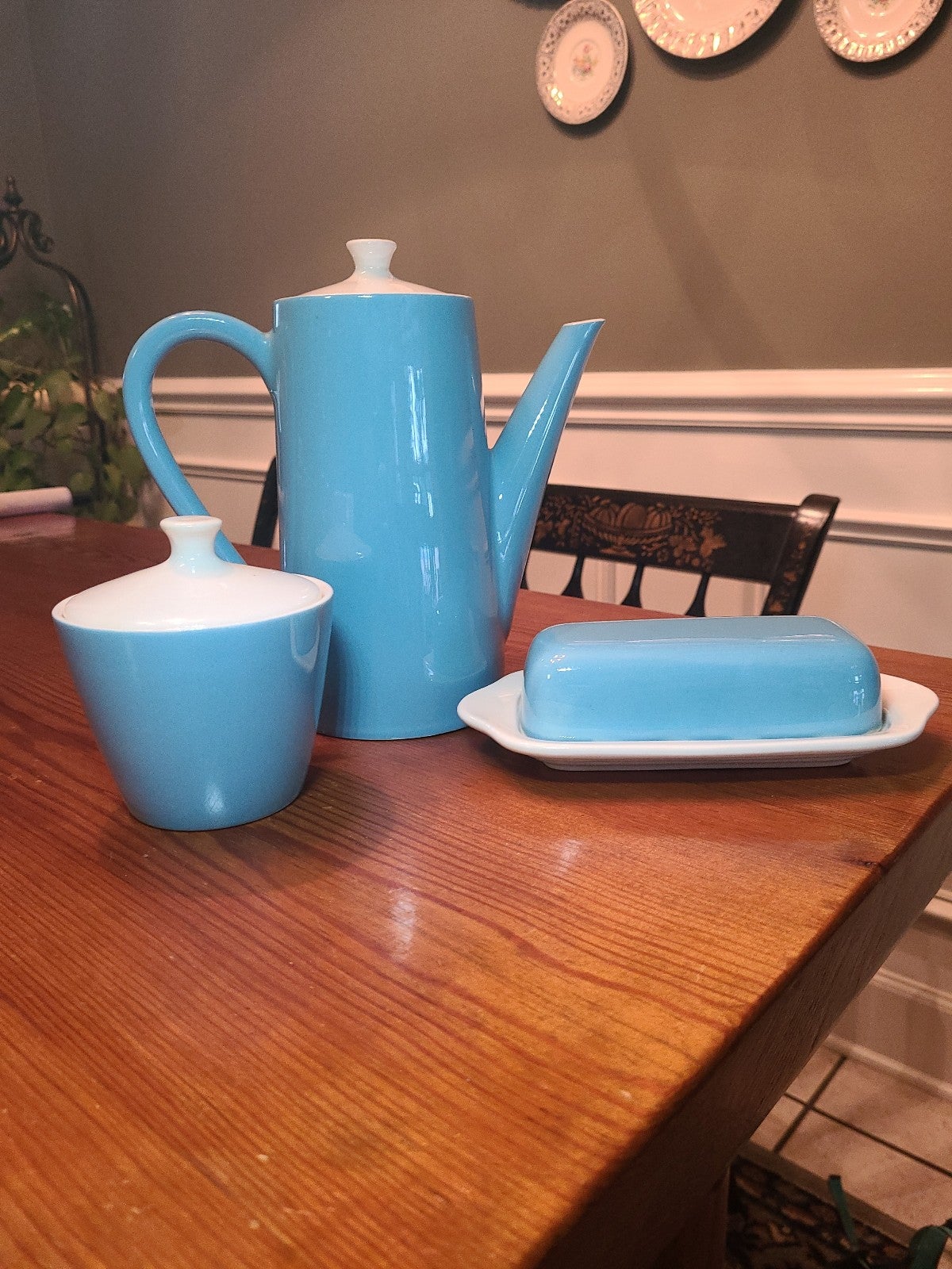 MCM Atomic Blue Heaven shops Royal China butter dish, coffee tea pot, sugarbowl set