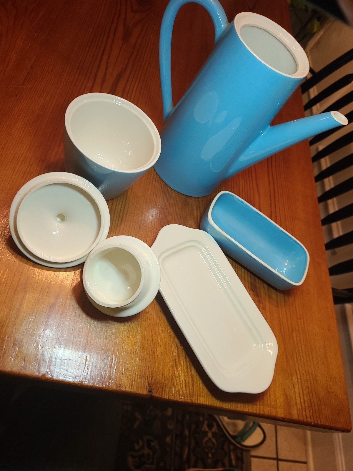 MCM Atomic Blue Heaven shops Royal China butter dish, coffee tea pot, sugarbowl set