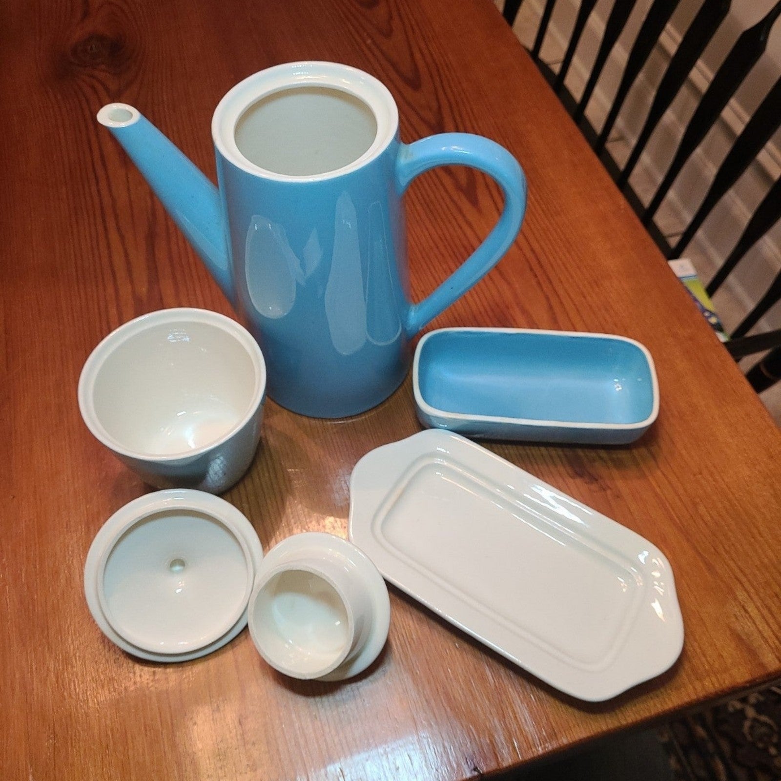 MCM Atomic Blue Heaven shops Royal China butter dish, coffee tea pot, sugarbowl set
