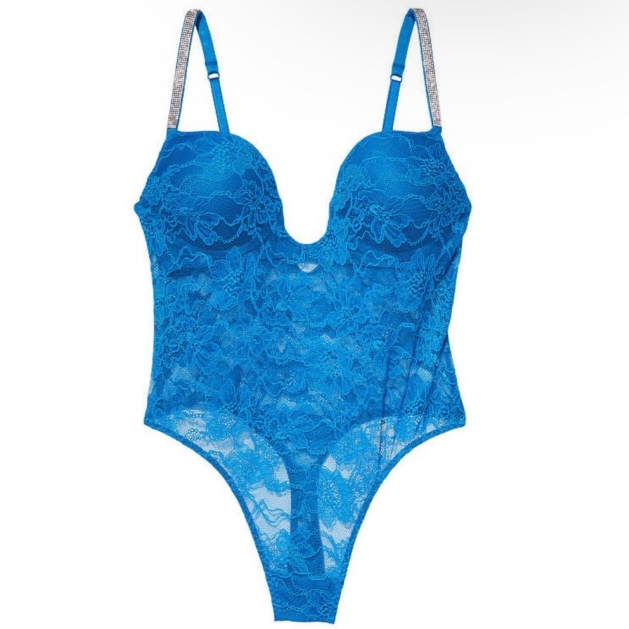 NWT Victorias Secret Bright Blue Lace Shine Strap Lace Teddy | Size Medium