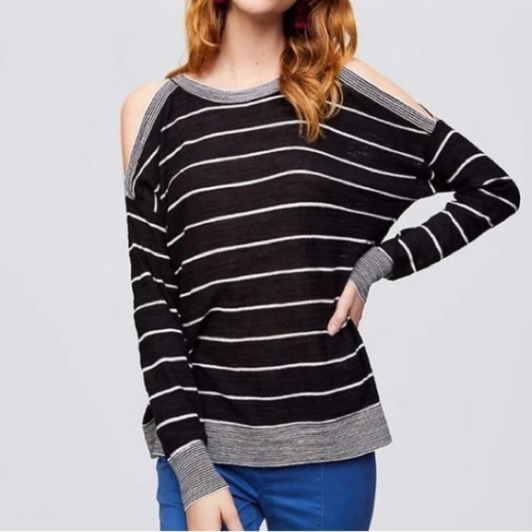 LOFT Black Striped Cold Shoulder Sweater size M