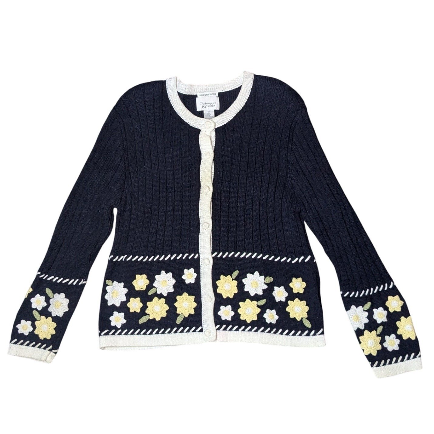 Vintage Christopher & Banks Hand Embroidered Daisy Flower Cardigan Womens Medium