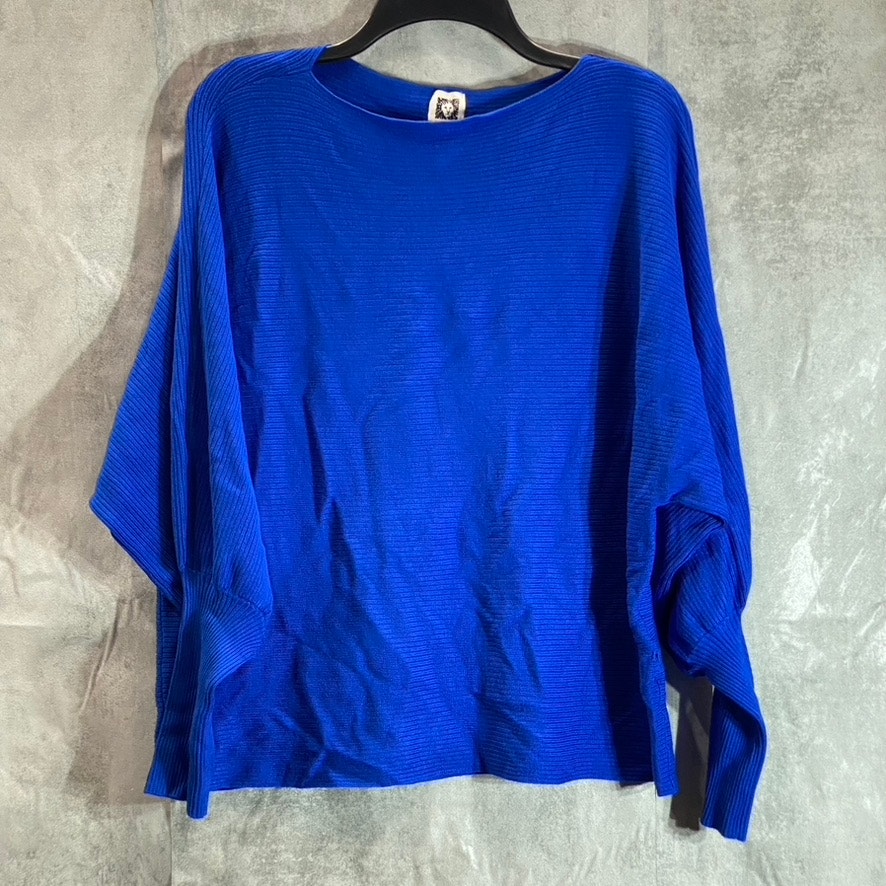 ANNE KLEIN Women's Blue Ottoman-Rib Bateau Neck Dolman Sleeve Pullover Sweater