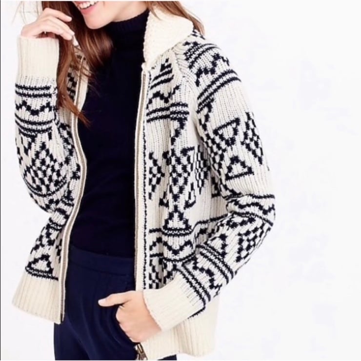 J. Crew Black Label Ivory/Blue 100% Lambswool Zip Up Sweater