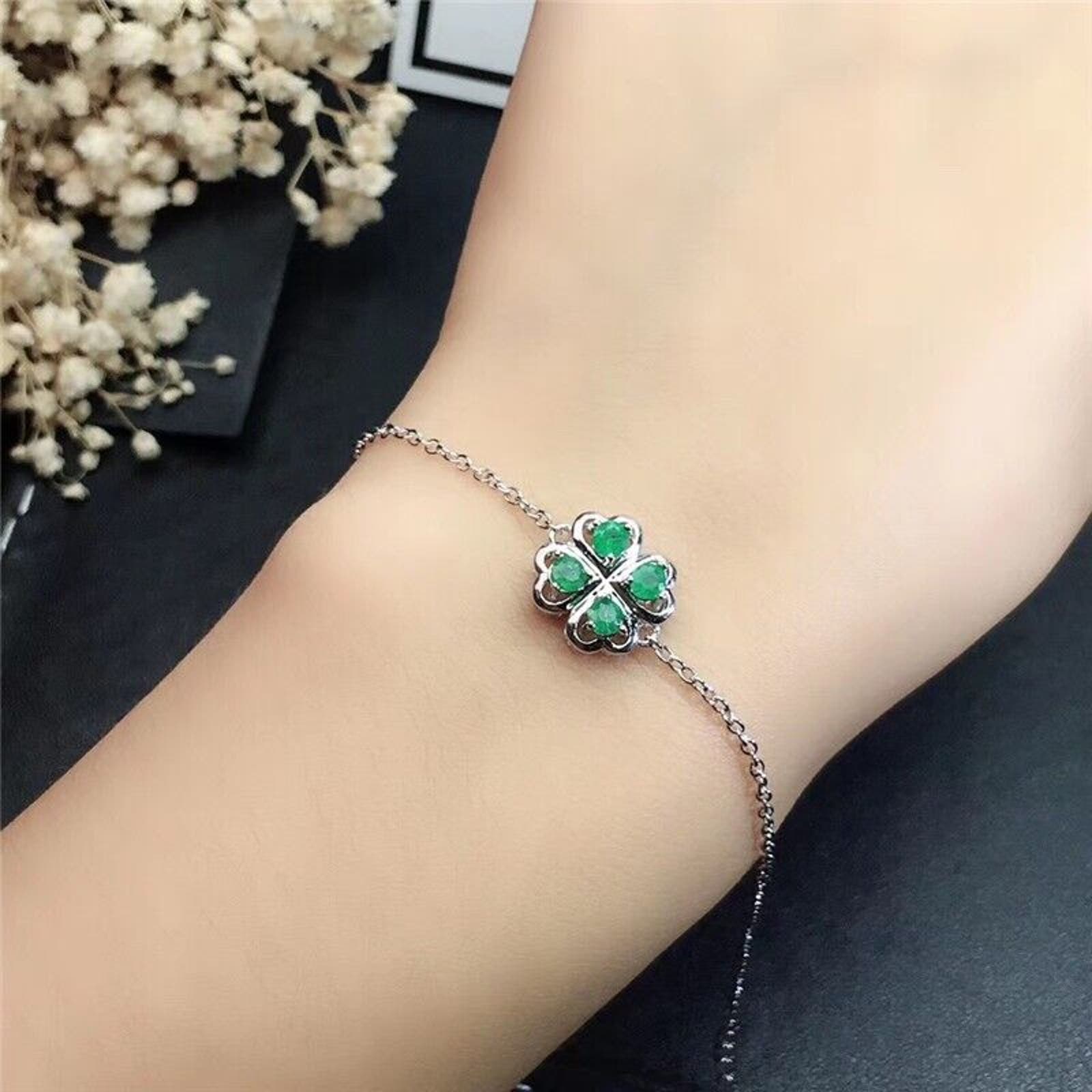 Lucky 4 Leaf Clover Natural Colombian Emerald Charm Bracelet, Clover Bracelet