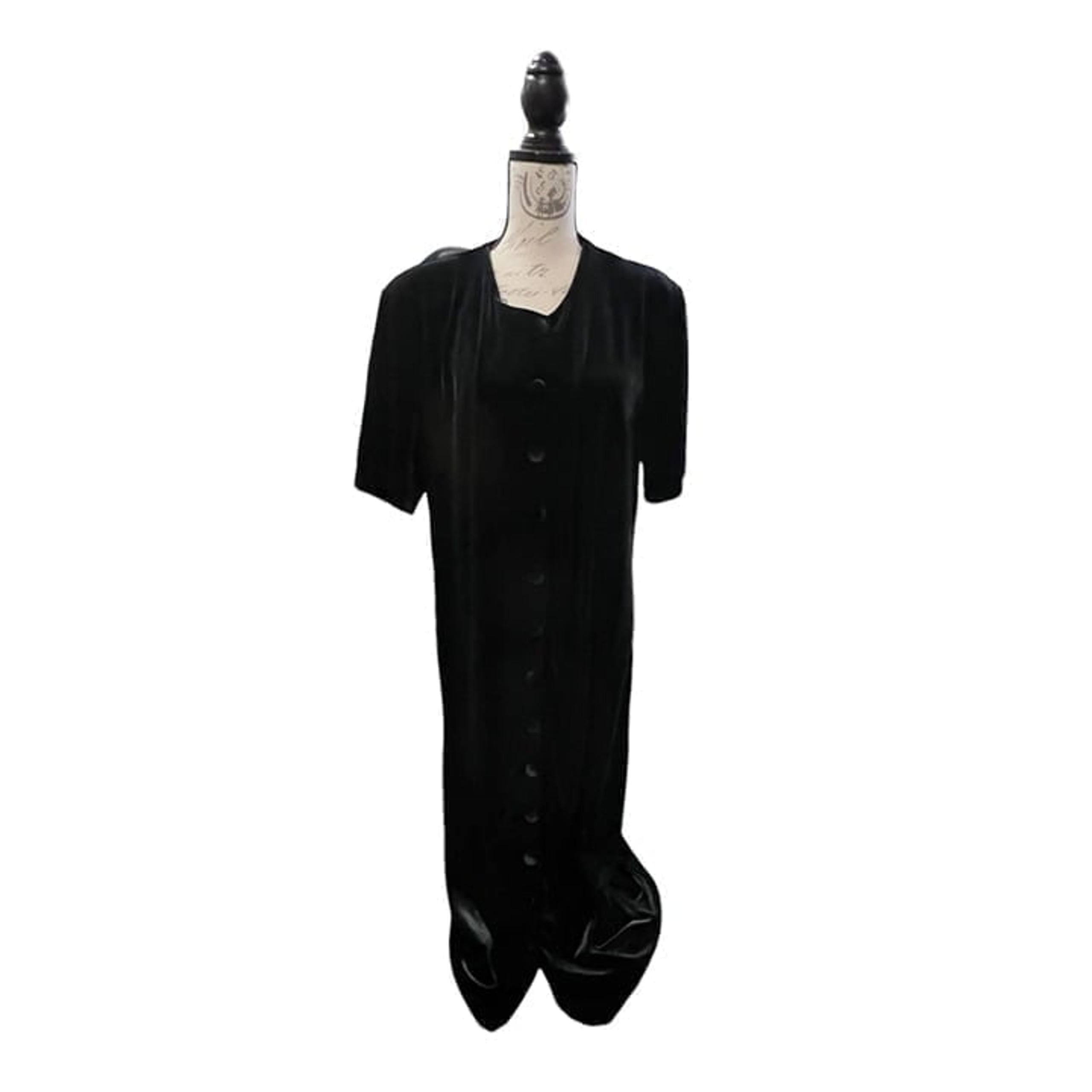 Amanda Smith Velvet Velour  Midi Dress Black Button Front Size 18W Soft 80s VTG