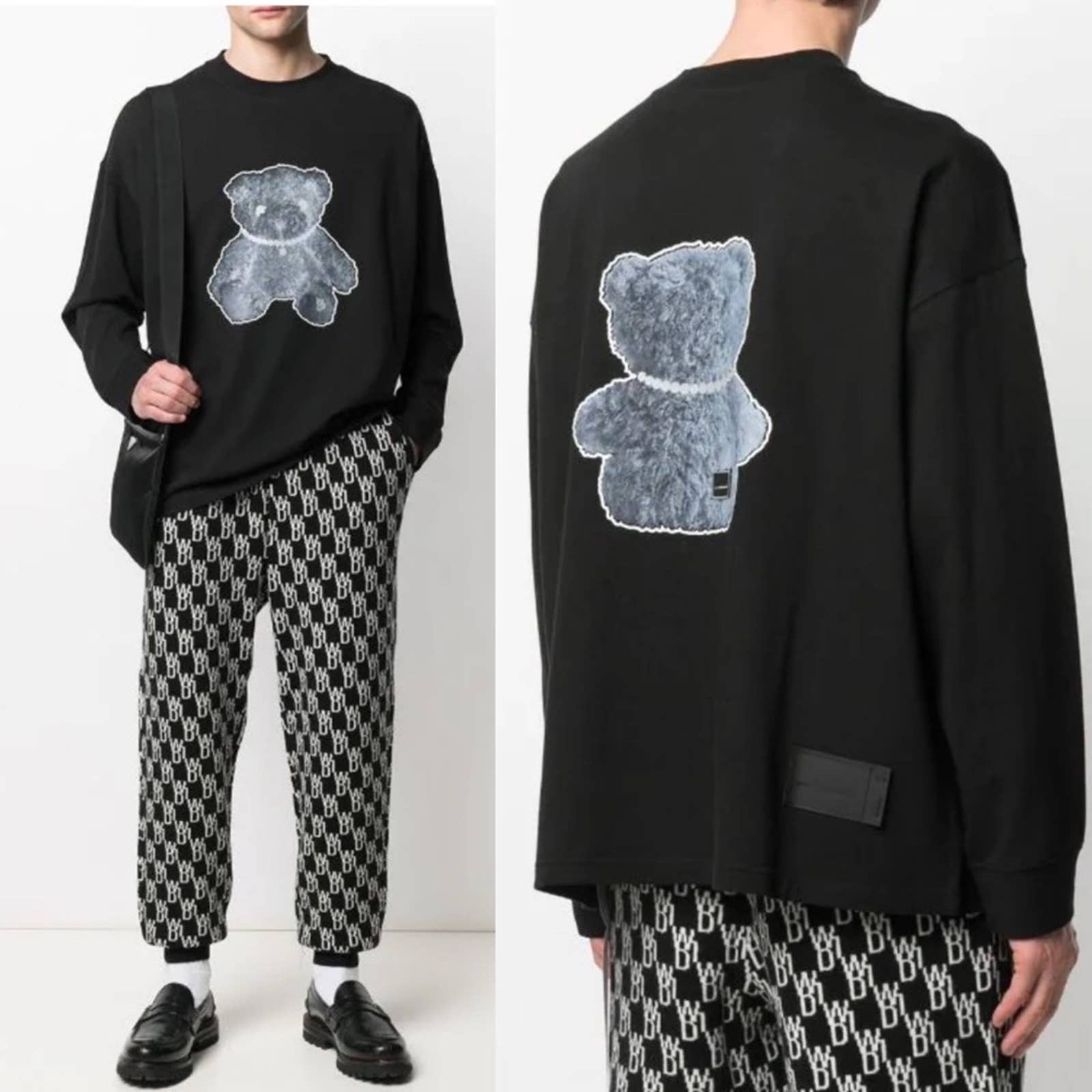 We11done unisex teddy print long-sleeved jumper in black sz S
