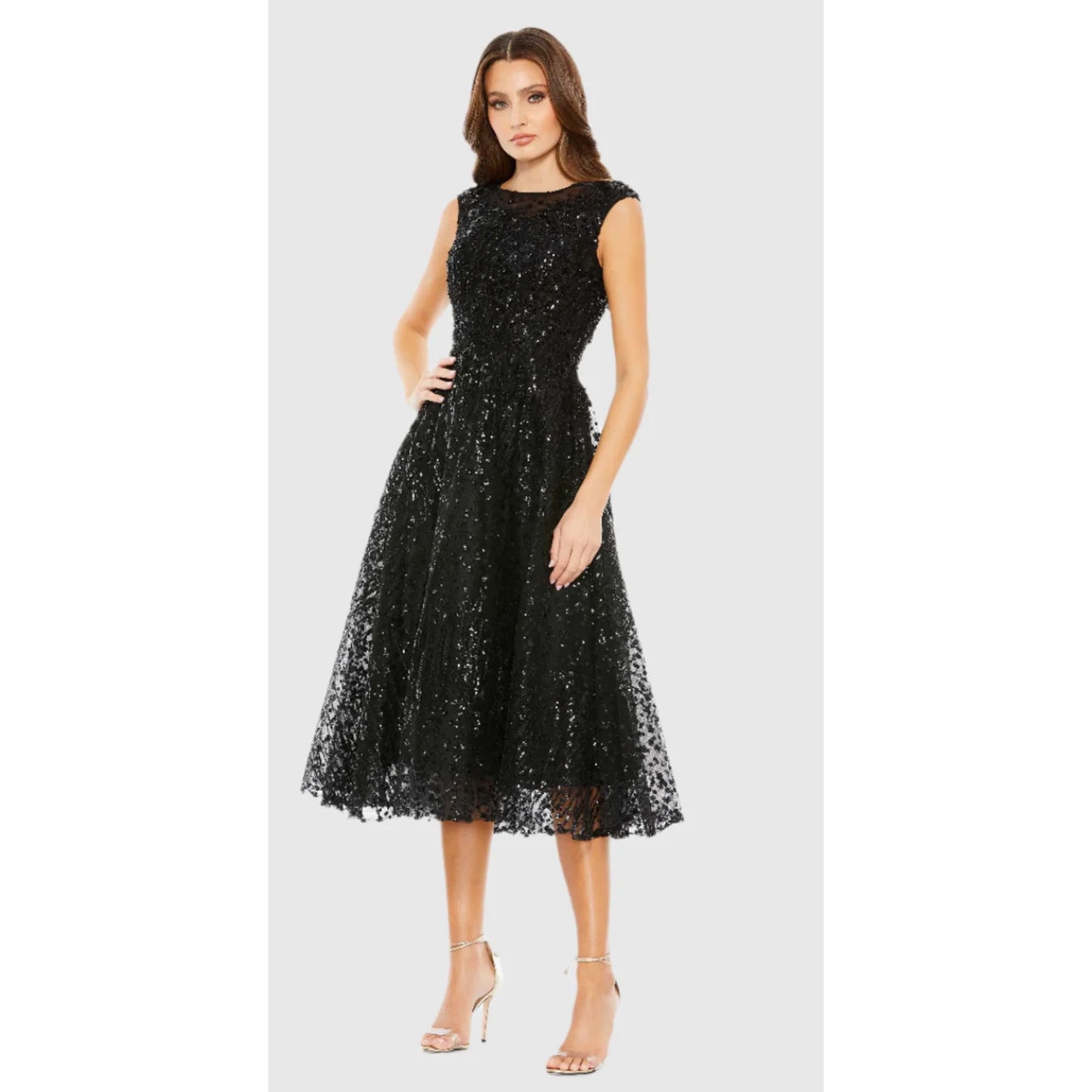MAC DUGGAL Black Sequined Cap Sleeve Fit and Flare Dress Formal Gown 498 NWT 8