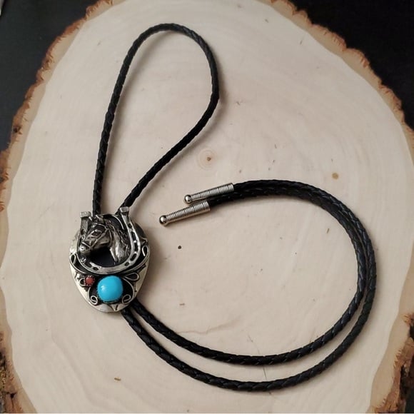 Native American Spirited Horse Spirit Turquoise Coral Bolo Tie