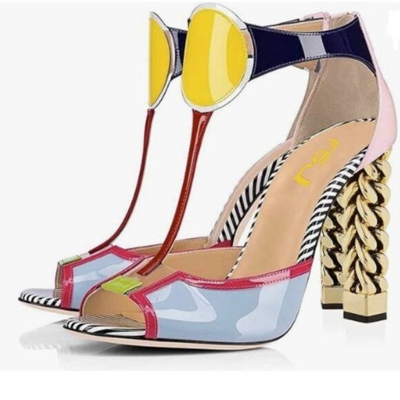 FSJ Women Multicolor Sandals Gold Metal Chain Thick High Heel Open Peep Toe