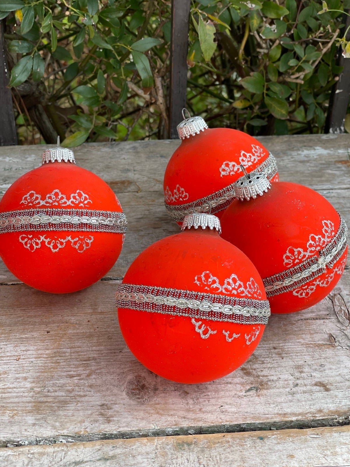 Vintage Krebs & Sohn glass ball ornaments orange & silver USA MCM Crown Top