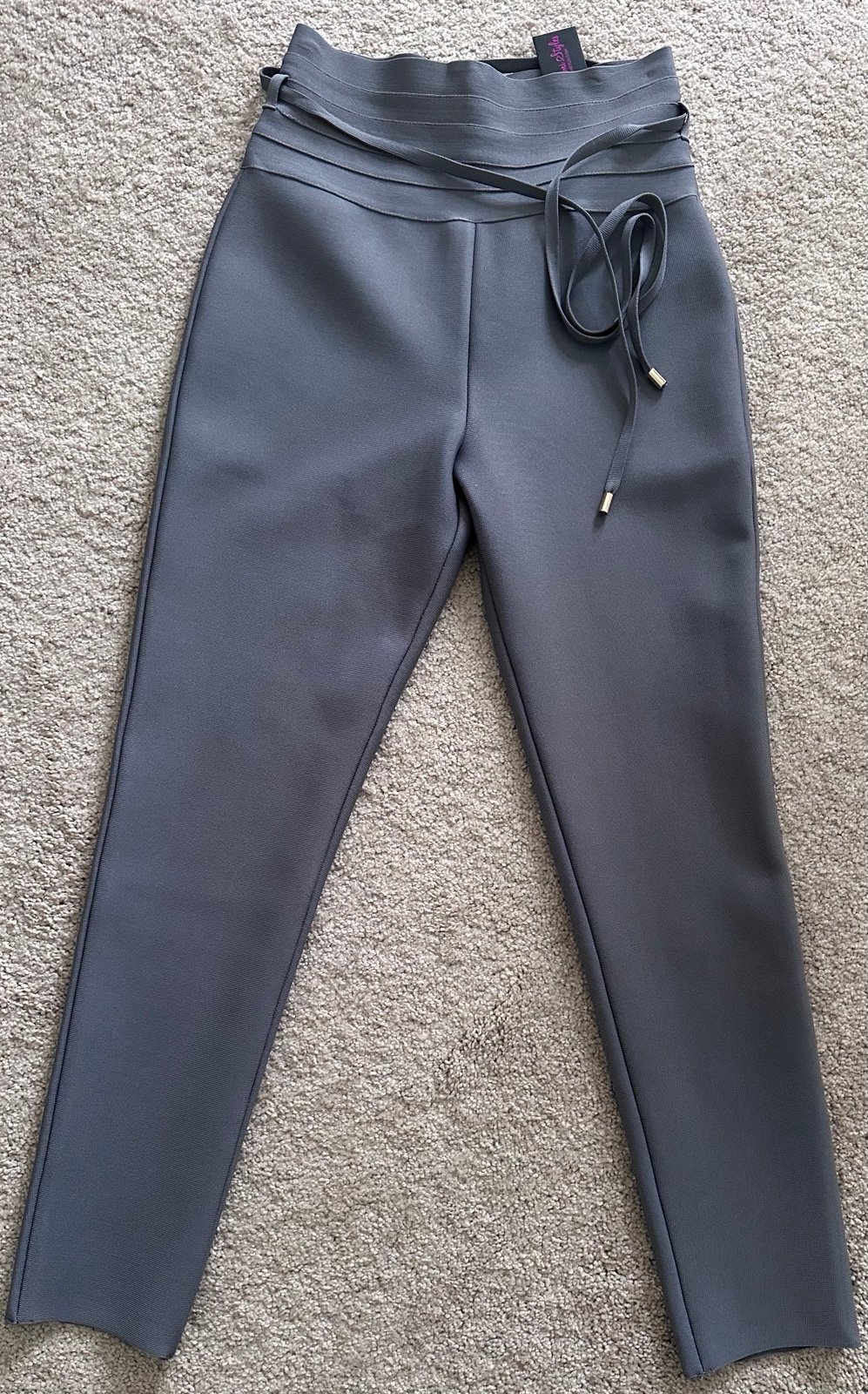 WAIST SNATCHED: GRAY BANDAGE HIGH WAIST BELTED PANTS/ NEW WITH TAGS
