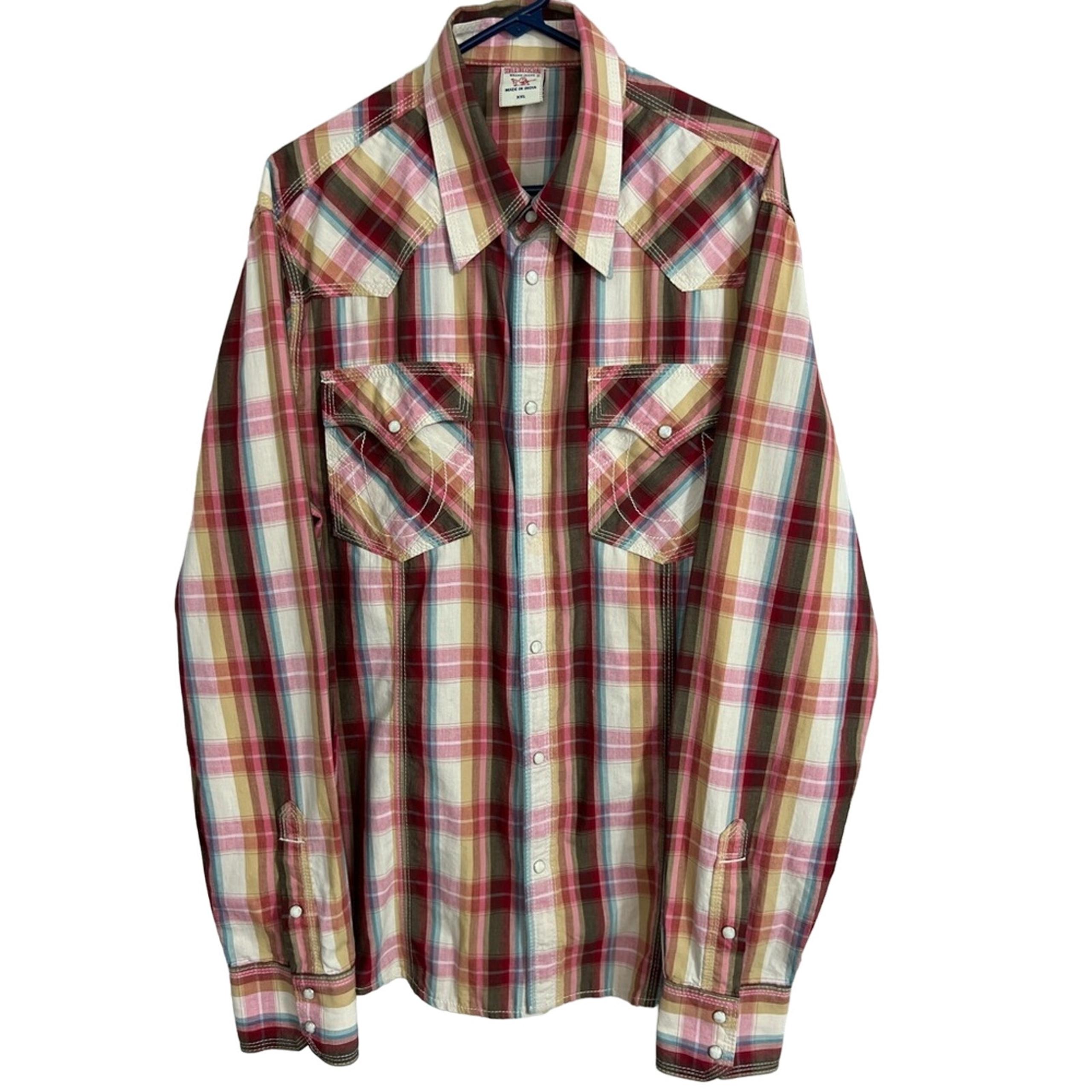 True Religion Shirt Mens 2XL Plaid Pearl Snap Button Horseshoe Pockets