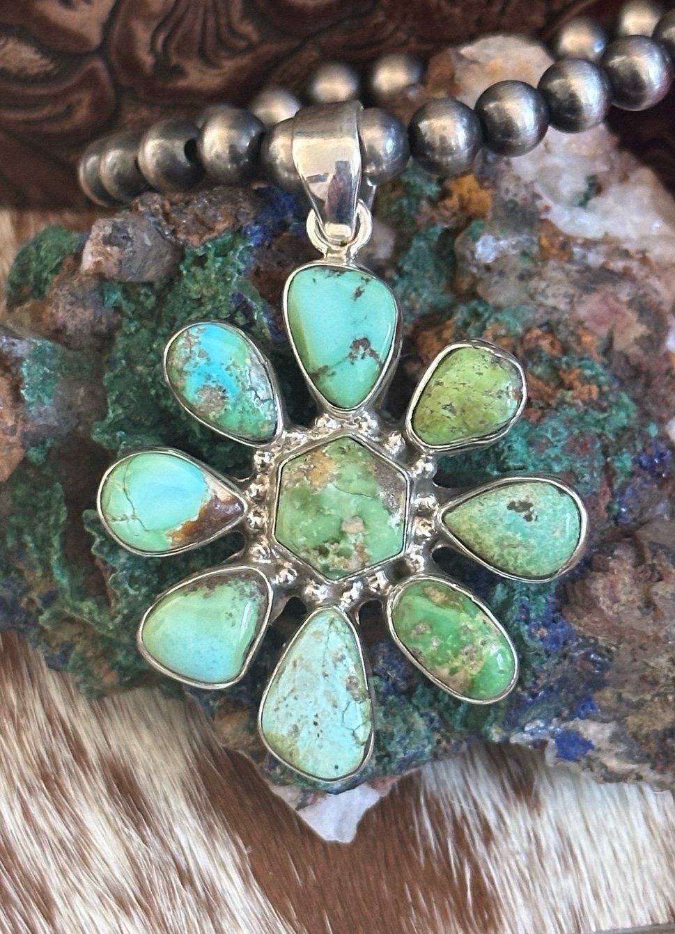 Sonoran Turquoise Hippie Flower Southwestern Sterling Silver Pendant