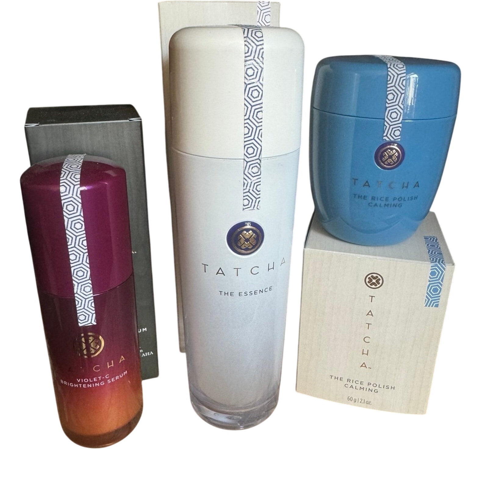 Tatcha 3pcs set The Essence Mega Size Violet C Brightening Serum The Rice Polish
