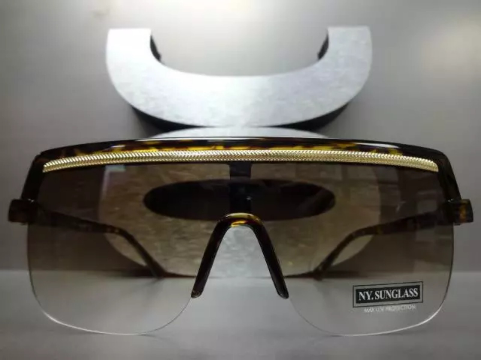 OVERSIZED VINTAGE RETRO SHIELD Style SUNGLASSES Tortoise & Gold Frame Brown Lens