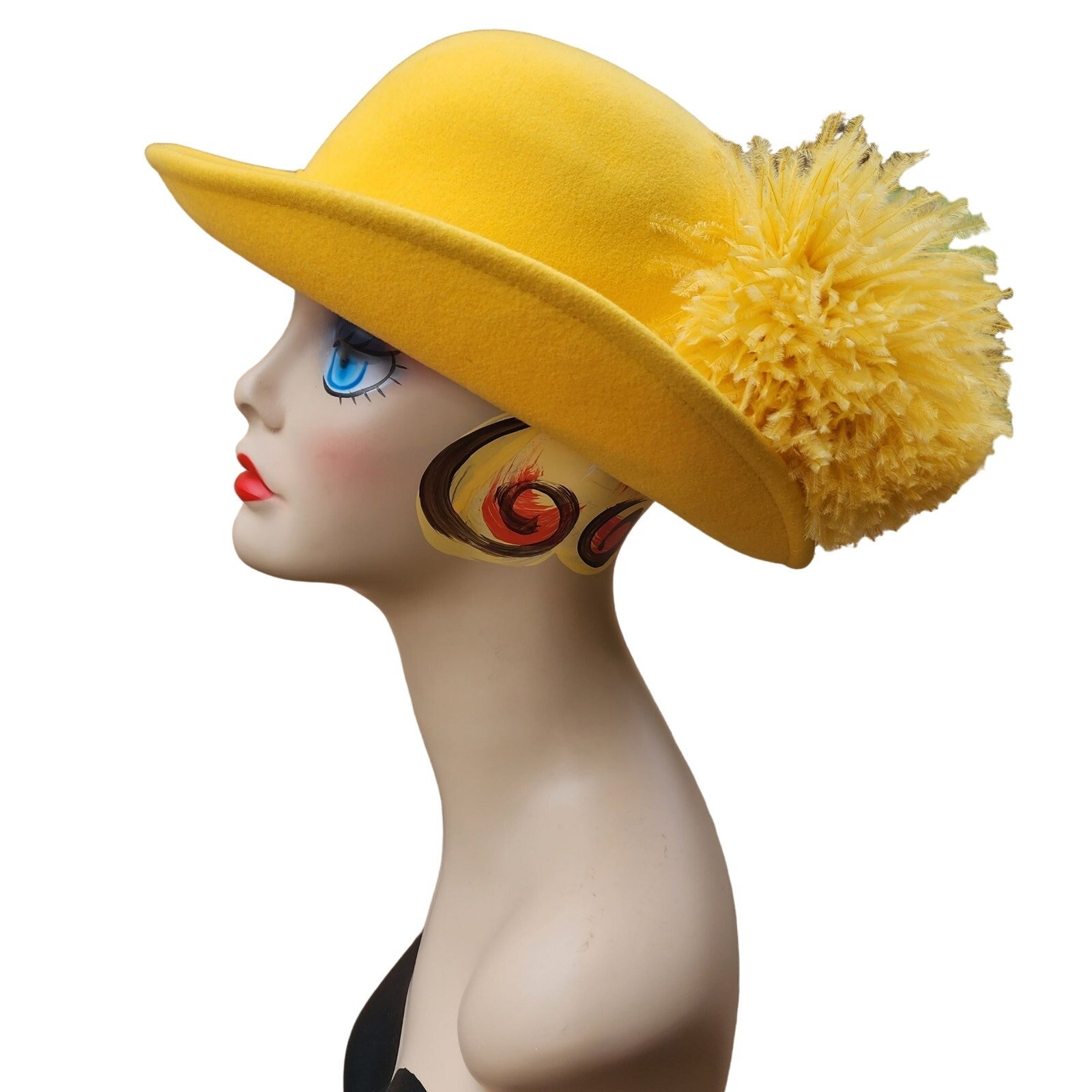 Mr. John New York Paris Classic Vintage Yellow 100% Wool Derby with PomPom Plume