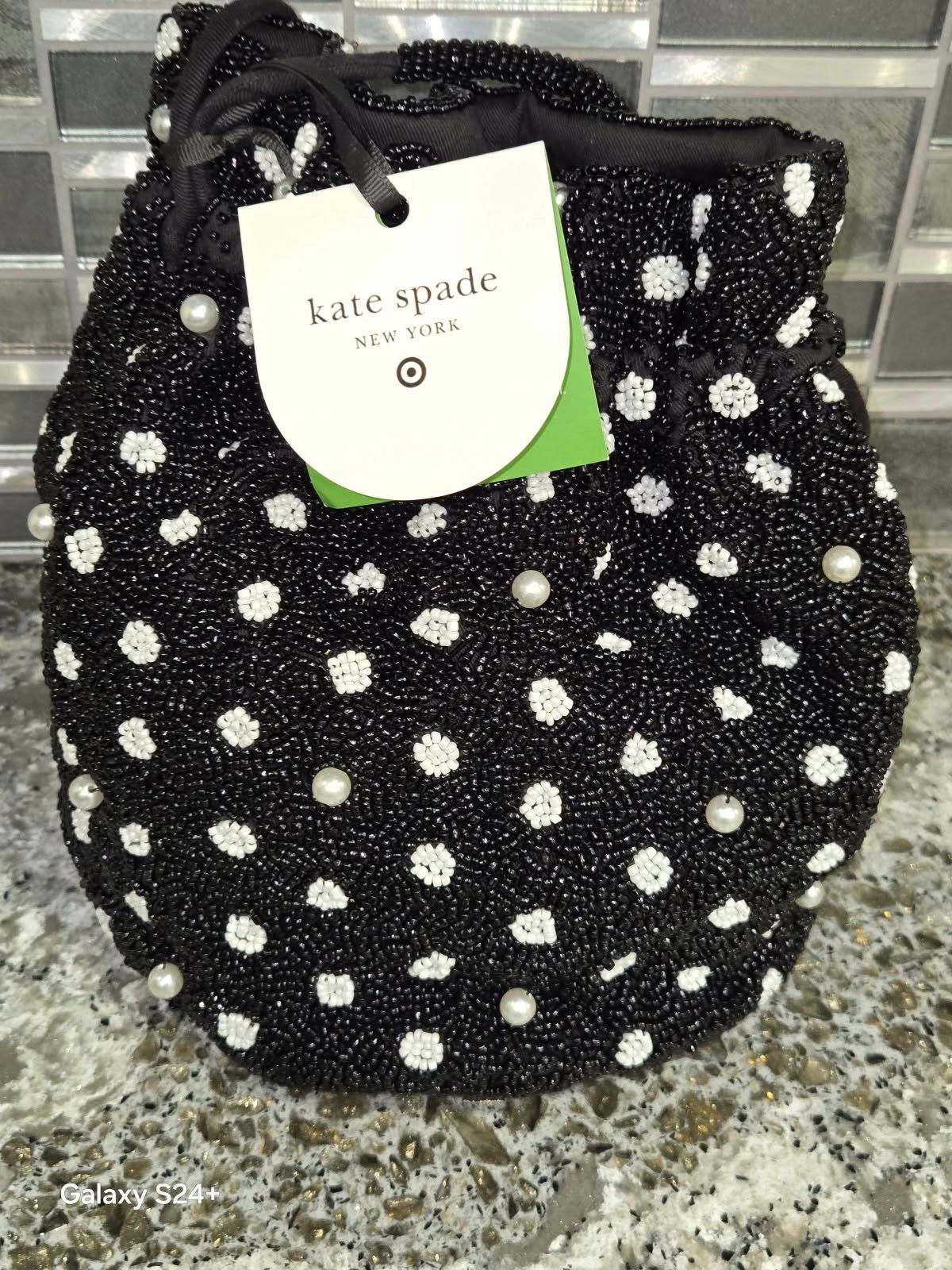 Kate Spade X Target Black/White Beaded Polka Dot Drawstring Bucket Bag Purse
