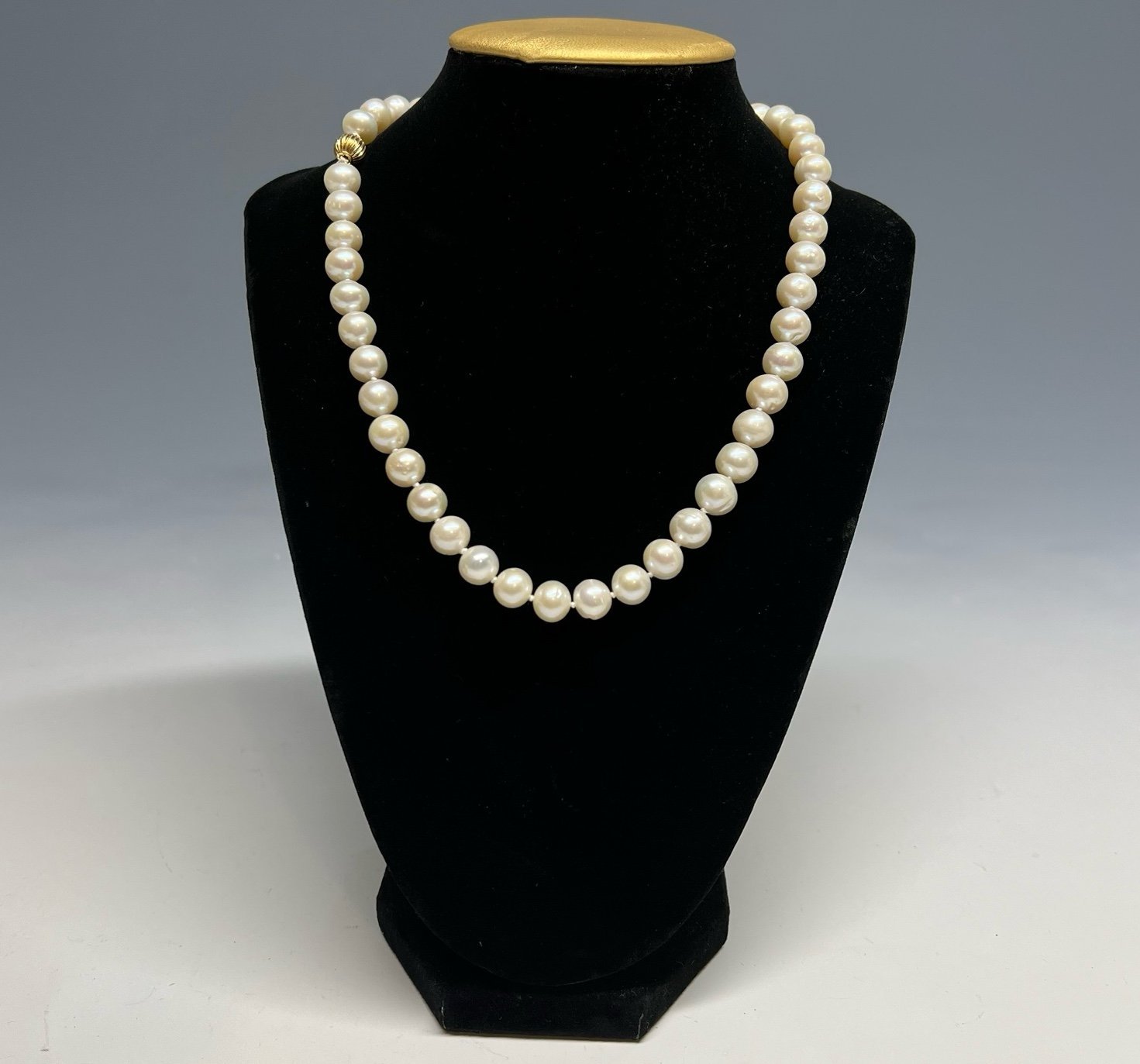 CLASSIC VTG REAL PEARL STRING STRAND NECKLACE 14K 585 GOLD CLASP HAND KNOTED 17