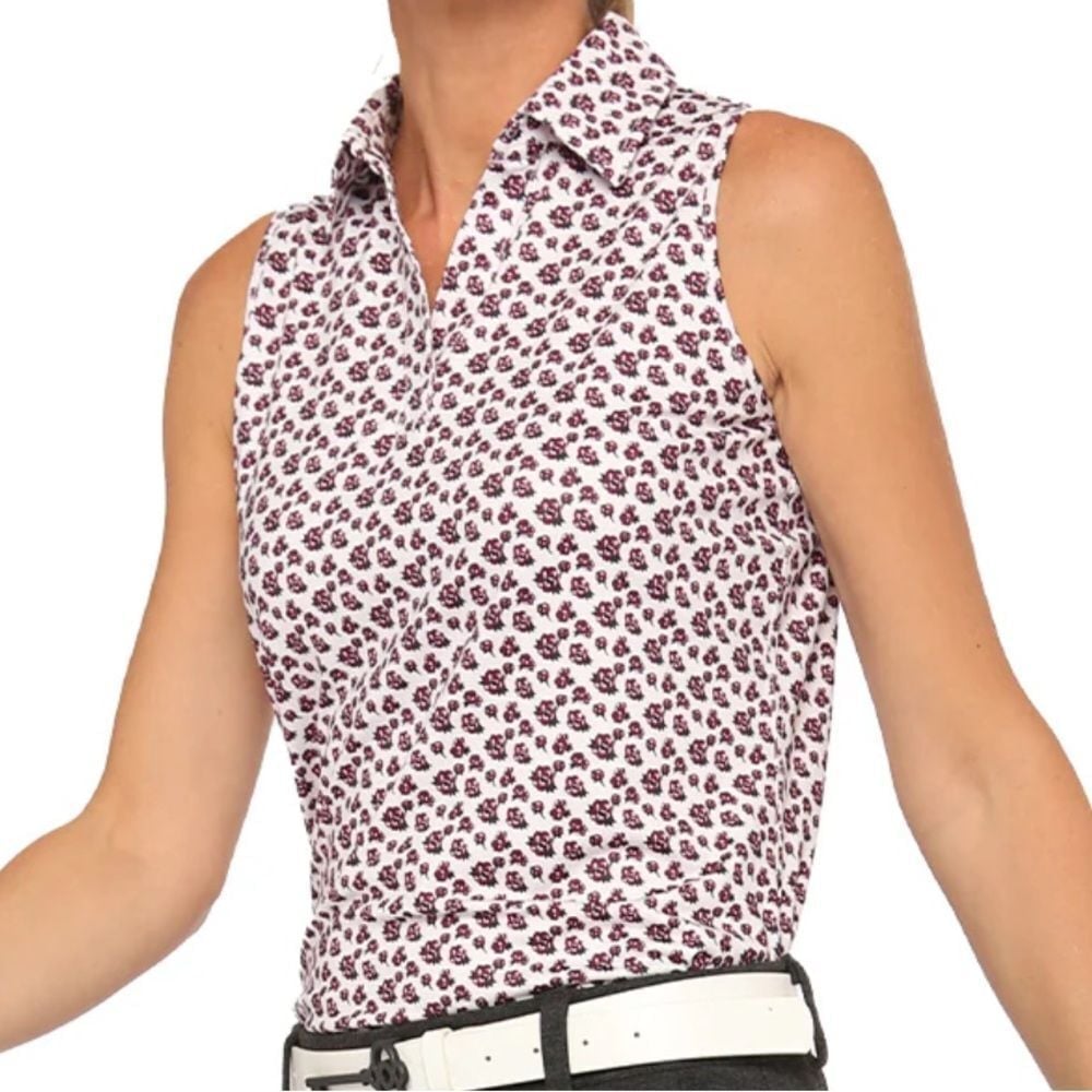 NWT Belyn Key Cutaway Sleeveless Golf Polo Tank Stem Floral White Pink Small